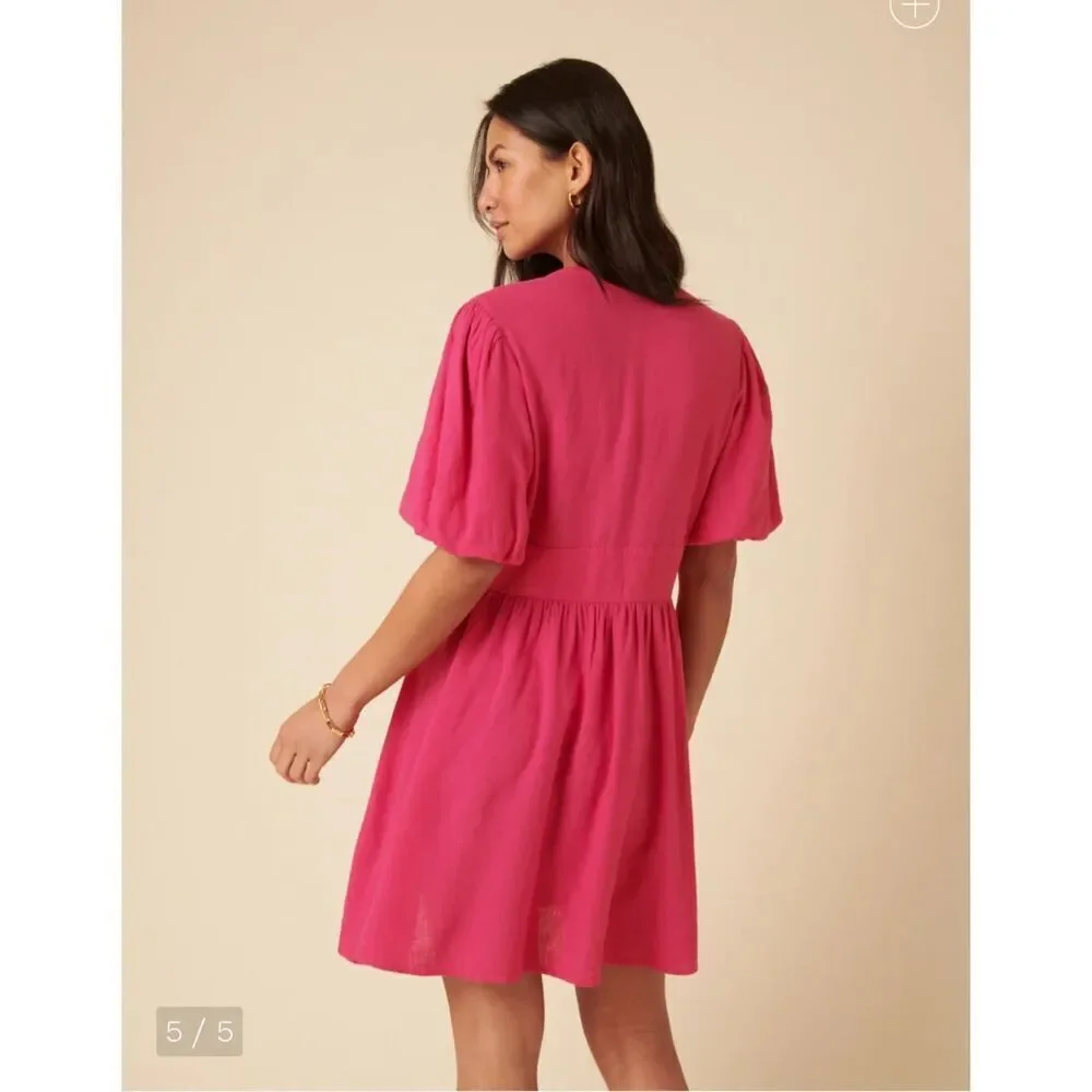 Nobody’s Child Pink Linen-blend Short Sleeve Starlight Mini Dress US4